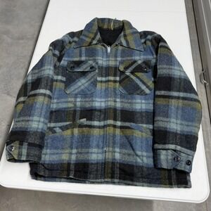 Vintage Plaid Wool Blend Faux Fur Lined Zip Up Jacket Blue Green Black Mens XL
